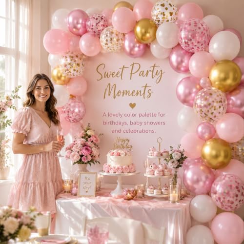 Image of Pink and Gold Balloons, 12 Inch Pink White Metallic Chrome Gold Confetti Pink Latex Balloons with Ribbon Pink Gold Party Balloons Set for Girls Baby Shower Birthday Princess Party Decorations