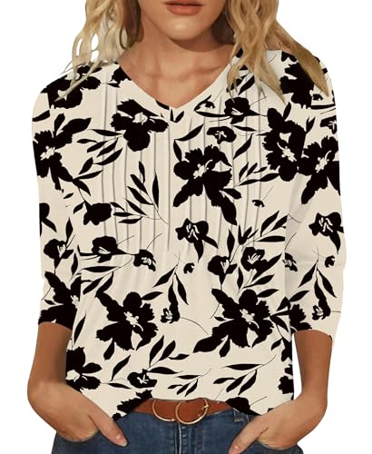 IEEILULU Blusas Mujer Verano, Camisa Mujer Manga 3/4 Cuello en V, Blusas Madam Verano Elegantes, Elegante Tops Casual Sueltas de Oficina (FR/ES, Letras, L, Regular, Regular, Almendra)