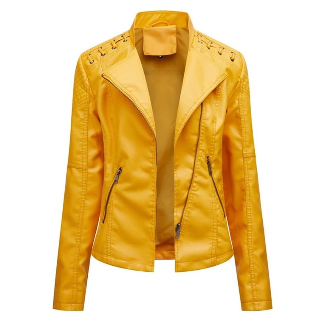 Cappotto alla moda da donna in ecopelle con cerniera per motociclista autunnale