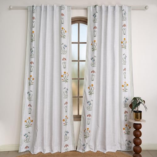 Image of Tranquebar Curtain Co. Window Curtains 6 Feet, 60-65% Room Darkening,Multi Ivory Gul Print, Cotton Curtains for Window, Cotton Curtains 6 Feet Long Set of 2, BackTab Loops,Gul (183 cm) - Set of 2