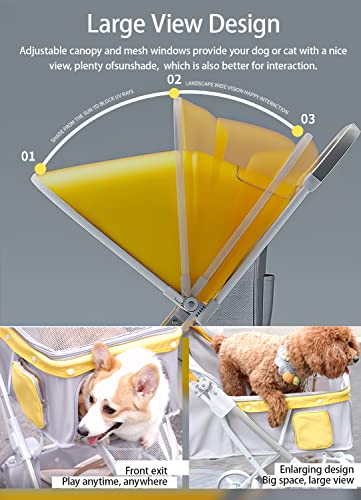 Lightweight Pet Stroller For Dogs Cats, Foldable Stroller With Storage Basket, Aviation Aluminum Frame, 360° Front Wheel Rear Wheel Spring Damping With Brake, Portable Quiet For Travel, Yellow #TOP2