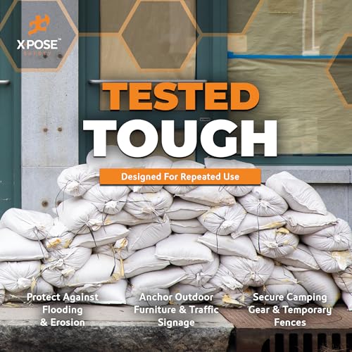 Image of Xpose Safety Heavy Duty Sand Bags with Tie Strings - Empty Woven Polypropylene Sandbags for Hurricane Flood Protection, 100 lb Capacity, 14 inch x 26 inch, White, Pack of 10