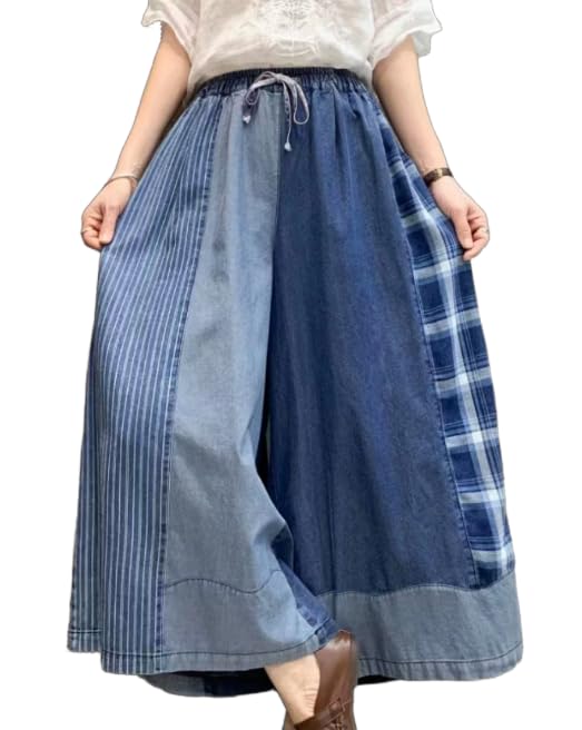 Womens Casual Loose Cropped Jeans Wide Leg Denim Pants Skirts Vintage Pants Trousers Elastic Waist with Pockets (US, Alpha, Small, Large, Blue Patchwork2)