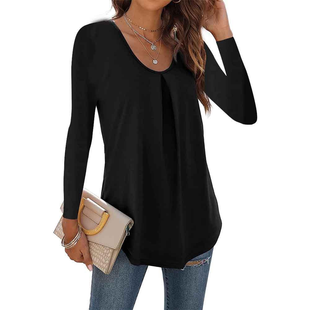 GkaopiWomen's Long Sleeve Shirt Solid Colour Round Collar Elegant Tuxedo Blouses Casual Fashion Tops Black