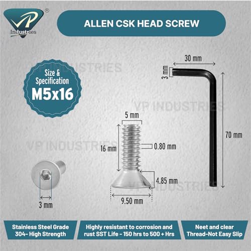 Image of Rely⇒VP INDUSTRIES (Pcs-25) M5x16 mm CSK Allen Head Screw Stainless Steel | Countersunk Allen Head Bolt with Allen Key 1 pc Free | Allen Key CSK Head Machine Screws