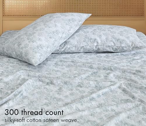 RUVANTI 100% Cotton Sheets Queen Size Bed Set - 300 Thread Count Silky Soft Sateen Weave, Cooling, Lightweight & Breathable, 16" Deep Pocket, Durable & Luxury Satin-Like, 4 Piece, Floral Imprint - Thumbnail 5