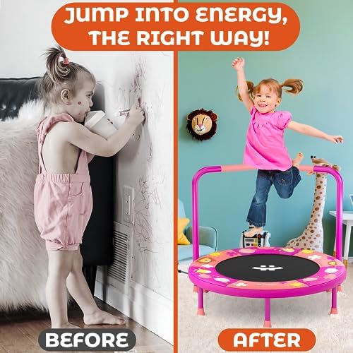 Happin 3' Mini Trampoline for Kids Indoor with Removable Foam-Padded Handlebar, Noise-Free, Durable Steel Frame and Safety Pad, Trampoline for Toddlers Age 3 Years and Up 3 51Q30QZDMML. AC