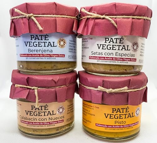 PACK 4 UNIDADES VARIDAS PATÉ VEGETAL Berenjea Setas con Especias Calabacín con Nueces y Pisto 100% VEGANO Elaborado con Aceite de Oliva Virgen Extra
