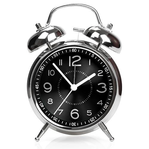 Image of AYRELY Super Loud Alarm Clock for Heavy Sleepers Adults,Twin Bell Retro 4 Inch Silent Non-Ticking Quartz with Backlight, Metal dial, Alarm Clocks for Bedrooms Bedside (Black)