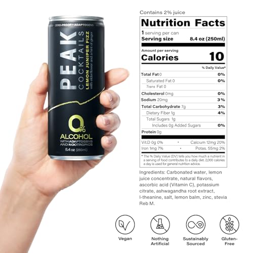 Image of Peak Cocktails Non Alcoholic Drinks, Adaptogen, Lemon Juniper Fizz 24 Pack | Calming, ashwagandha, tart cherry, L-theanine nootropic blend; recovery, sleep & mood, non-alcoholic, zero proof, crisp
