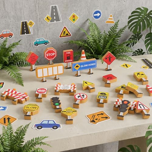 Image of Blosssound Wooden Toys Set for Preschool Classroom - Multicultural Career People Blocks Educational Wooden Play for Kids Learning Toys Play Games Activity Supplies(26 Pcs,Construction Signals)
