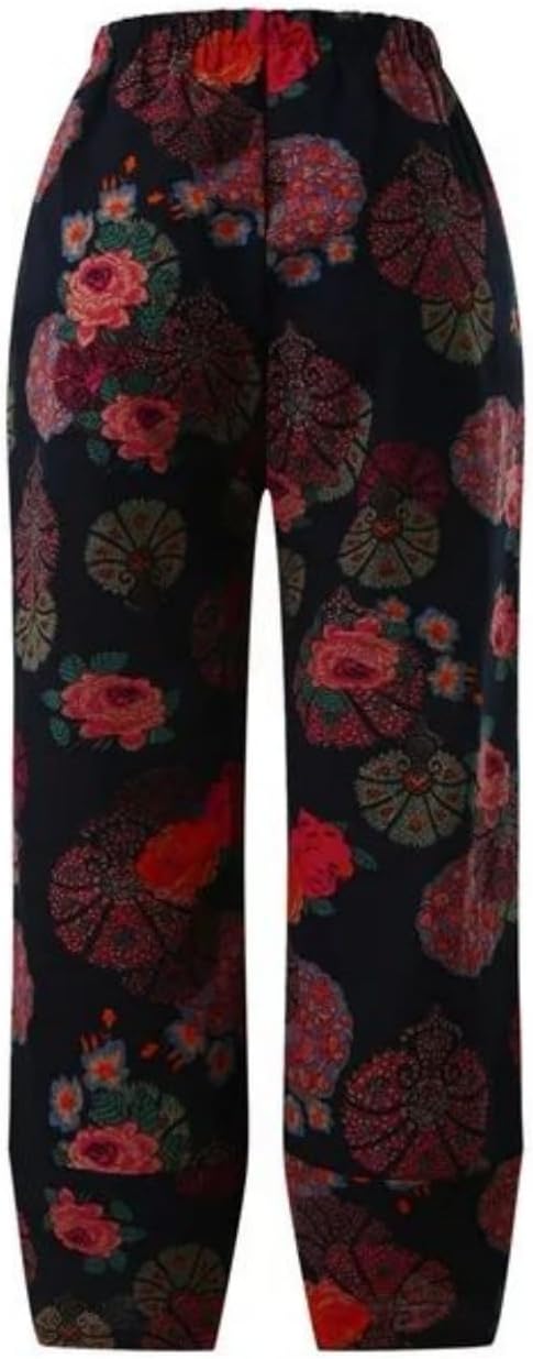 Capris Pants for Womens Cotton Linen Wide Leg Plus Size Cropped Pants Print Comfy Elastic Waist Sweatpants - Image 4