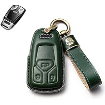 SANRILY Leather Key Fob Protector for Audi A4 Q7 Q5 TT A3 A6 SQ5 R8 S5 Keyless Entry Smart Remote Key Cover Case with Lucky Cat Keychain Green