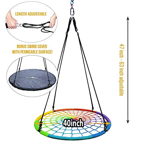 Royal Oak Giant 40" Spider Web Tree Swing, 600 Lb Weight Capacity, Durable Steel Frame, Waterproof, Adjustable Ropes, Flag Set And 2 Carabiners, Non-Stop Fun For Kids! (Rainbow) #TOP2