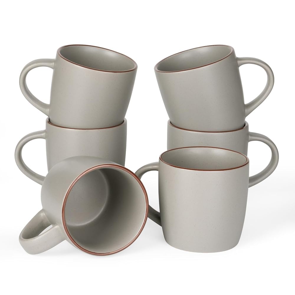 Richmount Mercury Coffee Mugs Sets of 6, 13oz/370ml Stoneware Tea Cups with Large Handle and Burgundy Trim for Latte/Cappuccino/Milk/Cocoa/Tea, Microwave & Dishwasher Safe, Dark Grey