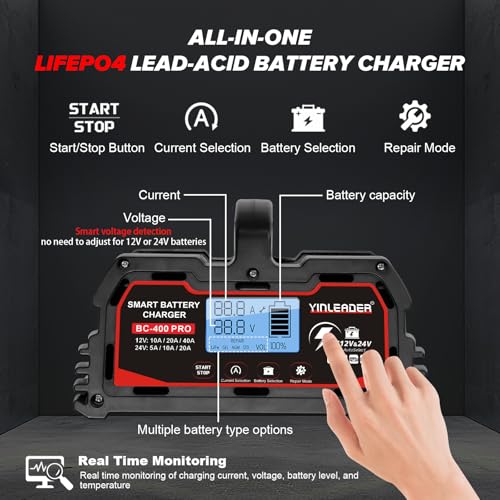 Battery Charger 40A, 12V/24V Lead Acid Smart Battery Charger, 12V LiFePO4 Car Battery Trickle Charger, Automatic Battery Maintainer for Car Motorcycle Lawn Mower Marine Boat Lead Acid Batteries