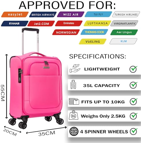 Flymax Cabin Suitcase 4-Wheel Lightweight Hand Luggage Fits 55X35X20, Easyjet & Ryanair Approved, Black, 2Kg, 4-Wheel Spinner, Combination Lock - 2