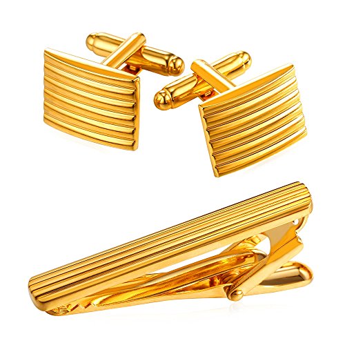 U7 3 pcs Mens 18K Gold Plated Necktie Pinch Set for Business Wedding Tie Clip with Cufflinks