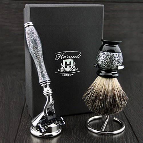 Haryali London 4 Pc Mens Shaving Kit 3 Edge Razor With Black Badger Hair Shaving Brush, Razor Stand and Brush Stand Perfect Set For Men