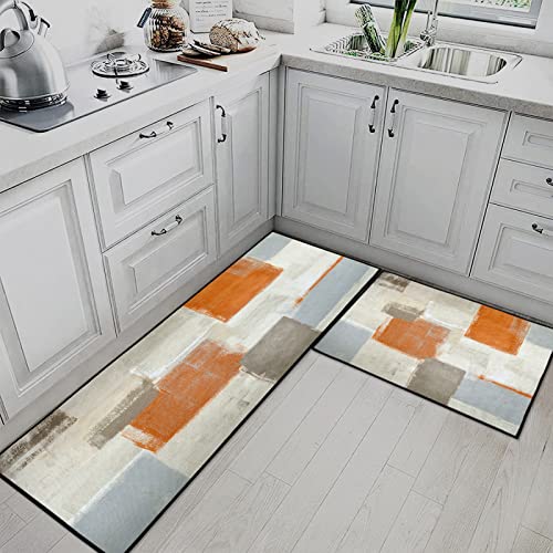 Tayney Orange Abstract Kitchen Rugs And Mats Non Skid Washable Set Of 2, Beige Contemporary Painting Art Kitchen Runner Rug, Modern Brown Grey Under Sink Mats For Kitchen Floor Decor #TOP2