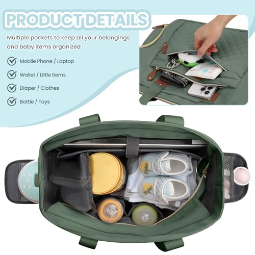 Image of Pritent Diaper Bag Tote for Working Mom, Large Travel Diaper Tote for Mom and Dad with 14 Inch Laptop Sleeve, Mommy Maternity Travel Baby Bag for Boys and Girls, Green