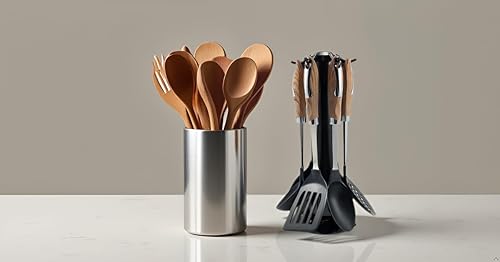 Miniatura 5 de Juego de utensilios de cocina de 6 piezas con soporte giratorio de acero inoxidable, herramientas de cocina antiadherentes con asas ergonómicas de