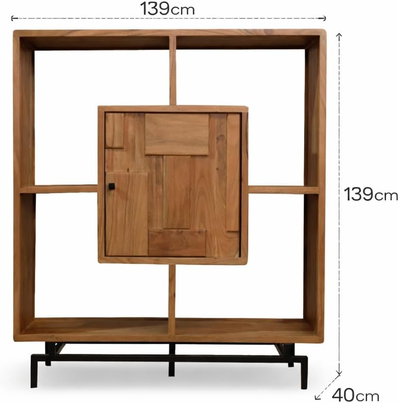 Cube Display Unit Acacia Wood Living Room Storage Cabinet – Shelving for Book Storage with Door – Assembled Wooden Furniture