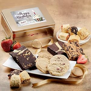 Dulcet Gift Baskets Signature Bakery Happy Birthday Celebration Gift Tin- With Fresh Baked Cookies, Fudge Brownies & Flaky Rugelah- Balloons & Candles, Great for Birthday parties & Celebration- Mom, Dad, Him, Her,