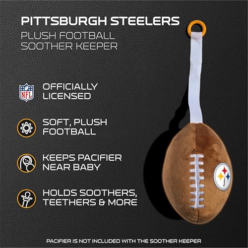 Image of Pittsburgh Steelers Plush Football Pacifier Holder by Smilo - Officially Licensed NFL Soother Holder - Soft Plush Toy and Dummy Holder - Fits Any Pacifier - Stroller Accessory & Newborn Essential