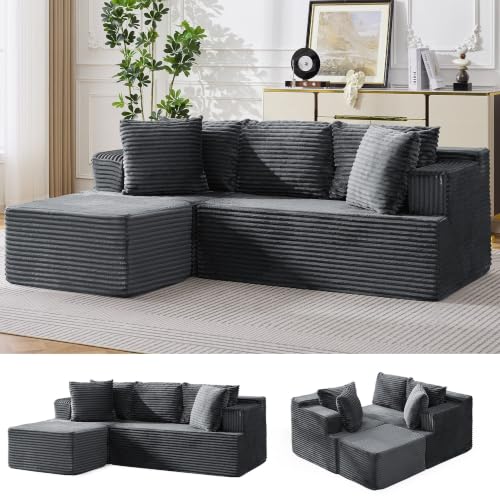 Image of Korser Boneless Couches for Living Room, Cloud Couch Sectional with Ottoman, L-Shaped Sofa with Fluffy Comfy Corduroy Deep Seat, Bedroom, Apartment, No Assembly Required