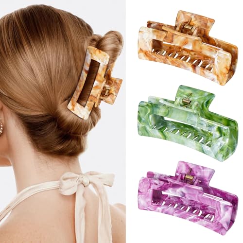 3Pcs Hair Claw Clips for Women, 4.1 Inch Non slip Claw Clip, Reference Ink Painting Design, Ideal for Home Party and Work Styling, Hair Accessories for Girls Gift (Brown and Green and Purple