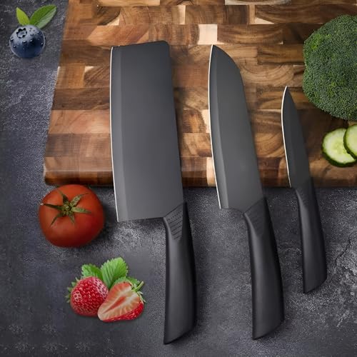 Image of SKYTONE Knife Set of 3 with Cover, Stainless Steel Knives for Kitchen| Sharp Edge Cutting Chef Knifes for Chopping Vegetables, Fruits, Multipurpose Knife, Kitchen Tools (Black Pack of 3)