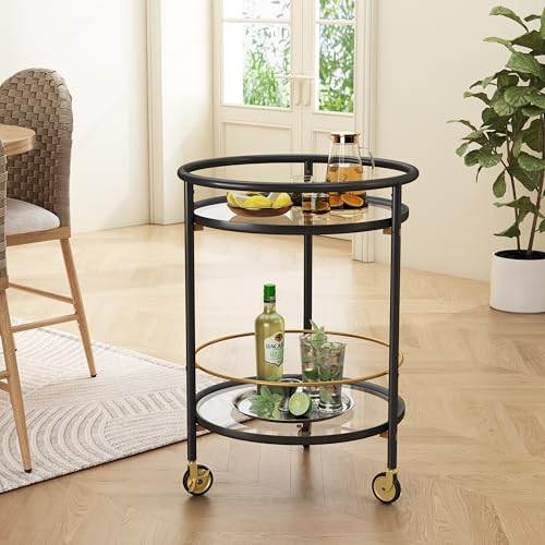Keria Metal Bar Cart with Wheels and Glass Shelves