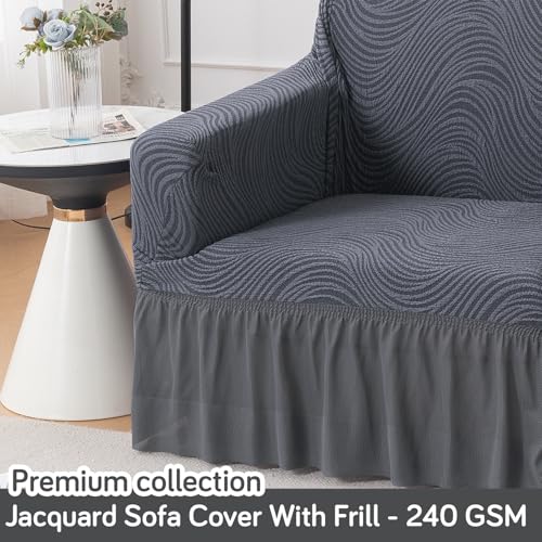 Image of HOKIPO 1 Seater Sofa Cover with Frill- 240 GSM Premium Jacquard Stretchable Fully Covered Slipcover, 'Serene Wave Series' Pewter Grey (AR-6352)