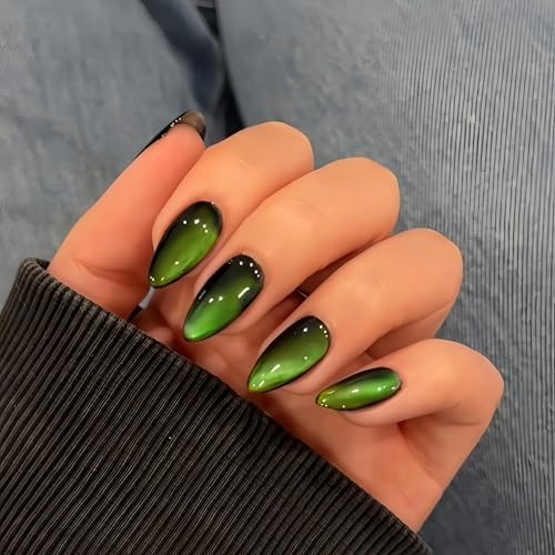 KQueenest Neon Green Cat Eye Press on Nails Almond 30 Pcs Glitter Fake Nails Medium Stiletto Bright Vibrant Lime Green Black Nails Press ons Gothic Shiny Bling Stick on Nails for Women Party Prom