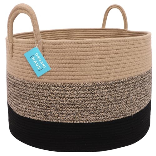 Image of OrganiHaus Round Toy Basket & Blanket Basket, Cotton Rope 20x13 inch | 3-Toned Brown - Round Cotton Rope Basket, 20x13 inch