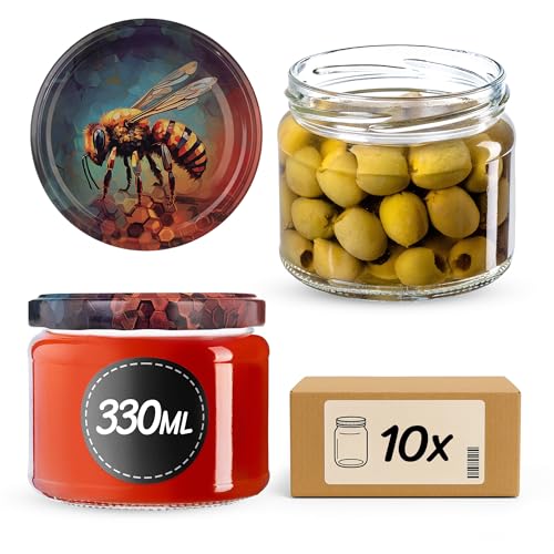 KADAX Barattoli per marmellata da 330 ml con tappo a vite fi82 mm, per marmellata, miele e confetture, barattoli in vetro, barattoli con coperchio (ape miele, 10 pezzi)