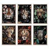AllBlue Dschungel-Safari-Tier Poster Set 6 Löwe, Tiger, Leopard, Porträt Bilder Wohnzimmer Deko Schlafzimmer Pictures Home Deko (schwarz, grün, rot, A4 21x29.7cm ohne Rahmen)