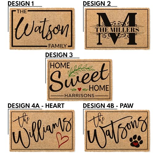 Personalized Door Mat, Custom Coir Doormat with Family Name - 5 Designs, 3 Sizes - Housewarming Gifts, Wedding Gifts for Couple, Front Door Mat for Outdoor Decor, Anti-Slip Backing
