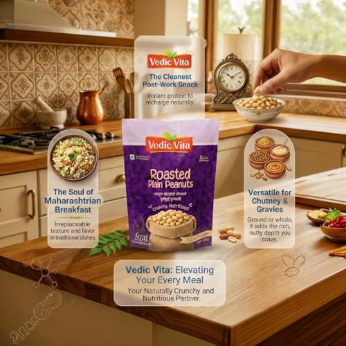 Image of VEDIC VITA Roasted Peanuts - 500 GM | Unsalted Skinless Peanuts | 31.37g High Protein | Ready to Cook & Eat | Natural, Crunchy, Nutritious Whole Peanuts for Poha, Chutney & Snacks