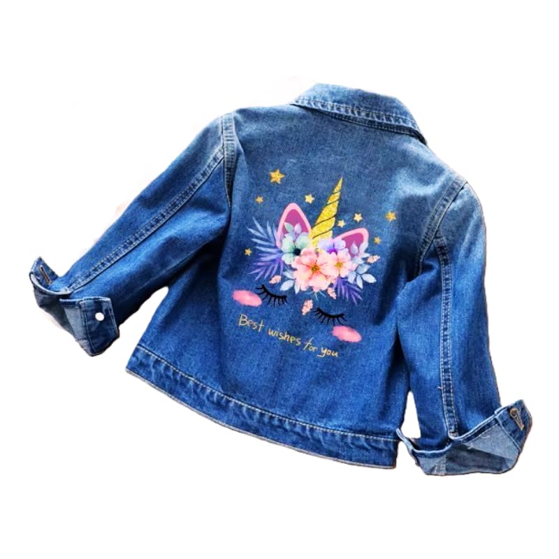 OrJana Chaqueta de Jeans para Niña con Unicornio, Denim Azul, Decorada con Flores y Estrellas, Diseño Mágico con Bordado de Arcoíris, Estilo 1, 11-12 Years