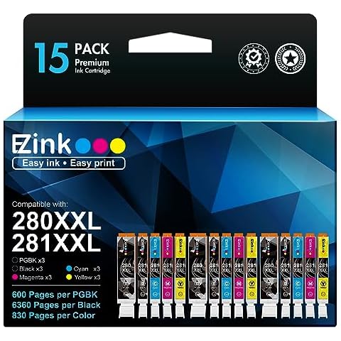 E-Z Ink Compatible Ink Cartridge Replacement for Canon PGI-280XXL CLI-281XXL to use with PIXMA TR7520 TR8520 TS6120 TS6220 TS6320 TS8120 TS8220 TS9120 TS9520 TS9521C Printer (15 Pack) Cover
