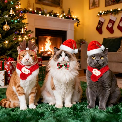 4 Stück Weihnachten Hundekostüm Haustier Weihnachtskostüm Accessoires Set für Hunde Katzen Rotes Weihnachtsmann Hut Hirschgeweih Stirnband Fliege Schal für Kleine Hunde Katzen Haustier