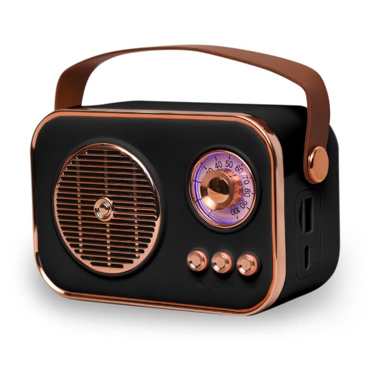 Monrix Retro-Style Bluetooth Speaker with FM Radio | Elegant Rose Gold Accents (Black)-image-10