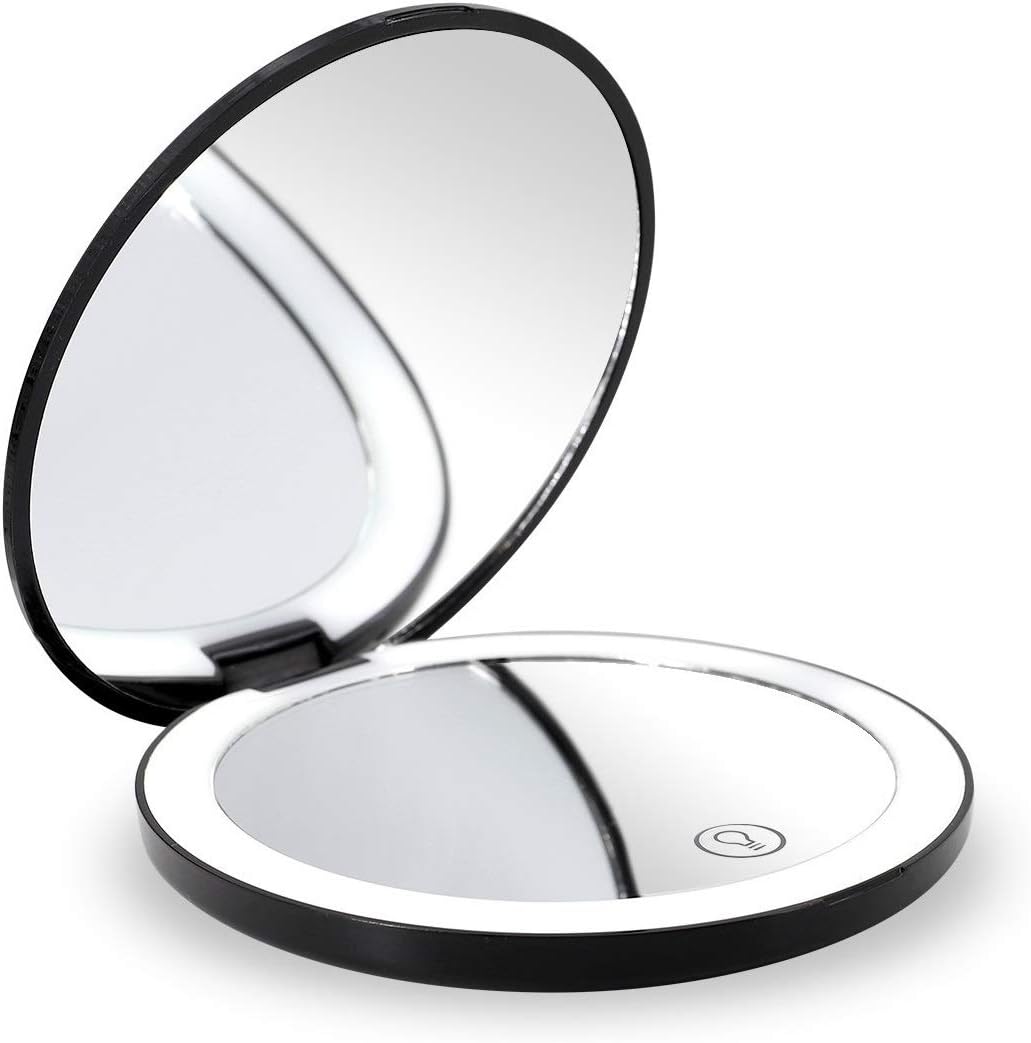 Travel Lighted LED Makeup Mirror 7X/1X Magnification Compact Vanity Mirror with Lights, USB Rechargeable Lighted Handheld Mirror,Dimmable Cosmetic Mirror with Touch Screen Switch,USB Charge (Black)