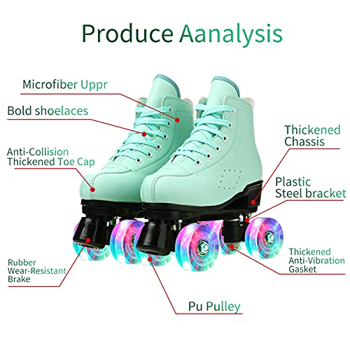 Women Roller Skates Pu Leather High-Top Roller Skates Four-Wheel Roller Skates Shiny Roller Skates For Unisex Kids And Adults (Green Flash,39) #TOP2