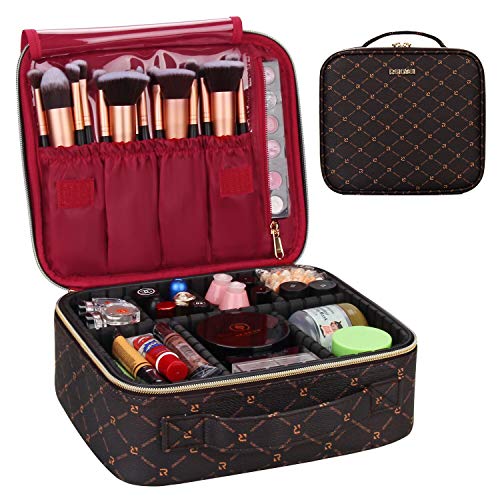 GOURDOLL Makeup Case Travel Makeup Train Bag Professional Cosmetic Makeup Brush Organizer Makeup Artist Box Double Layer and Small Size with Adjustable Dividers Lingge Brown Cosmetic Case