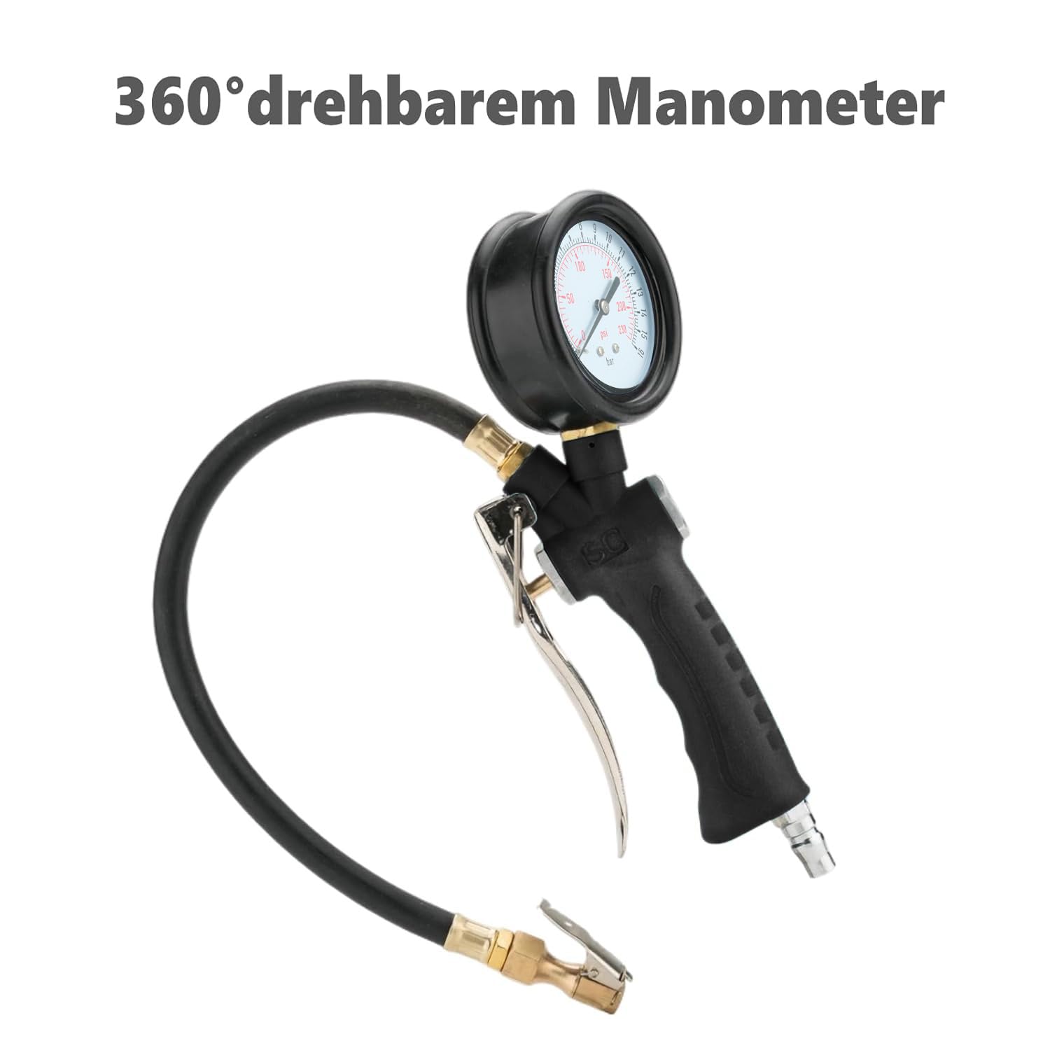 Gonfiatore professionale per pneumatici ad aria compressa, tester della pressione dei pneumatici, manometro per pneumatici, con manometro girevole a 360°, per auto, moto, bicicletta, camion (nero, 10