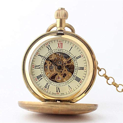 Zuoao Messing mechanische Taschenuhr Armband Taschenuhr Kette Klassische Acrylspiegel Flip römische Ziffern Skelettwerk,Gold