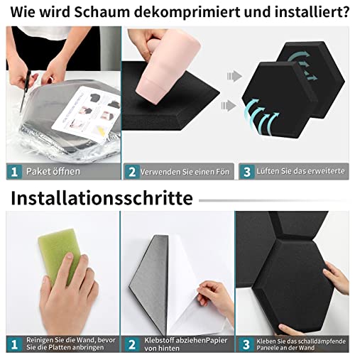 HyFanStr Schalldämmung akustikschaumstoff selbstklebend, Hexagon schallabsorber akkustikschaumstoffmatten für Tonstudio, Büro,Studio Basotect 12 Stück